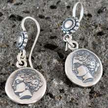 Load image into Gallery viewer, Goddess Aphrodite - Venus - Mythical Horse Pegasus Silver Earrings - Corinth Drachm
