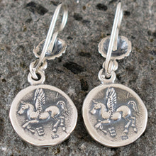 Load image into Gallery viewer, Goddess Aphrodite - Venus - Mythical Horse Pegasus Silver Earrings - Corinth Drachm
