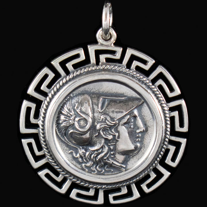 Helmetted Goddess Athena X-Large Silver Coin Pendant - Meander Design