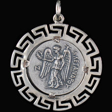 Load image into Gallery viewer, Helmetted Goddess Athena X-Large Silver Coin Pendant - Meander Design
