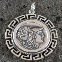 Load image into Gallery viewer, Helmetted Goddess Athena X-Large Silver Coin Pendant - Meander Design
