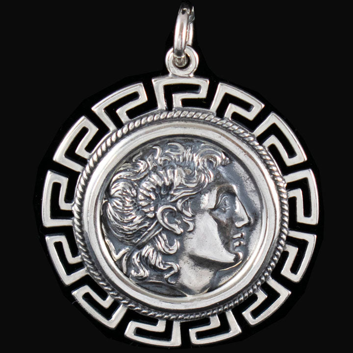 Alexander The Great Lysimachos X-Large Silver Coin Pendant - Meander Design