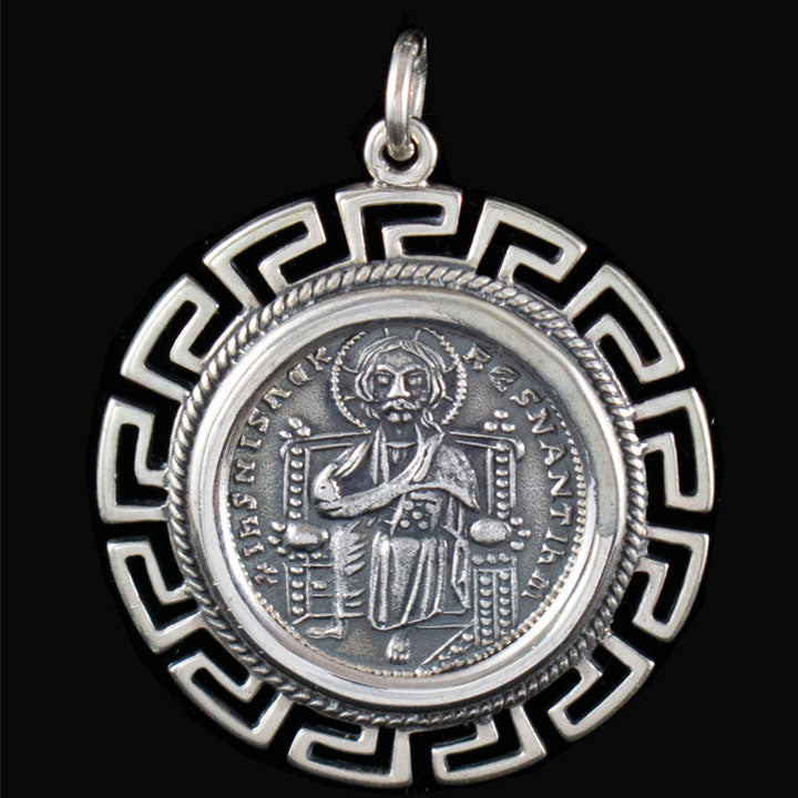 Byzantine Konstantinato X-Large Silver Pendant - Histamenon - Christ Enthroned