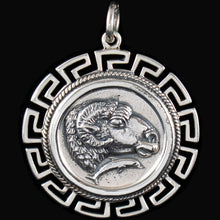 Load image into Gallery viewer, Ram&#39;s Head X-Large Silver Coin Pendant - Meander Design - Nobility - Fertility
