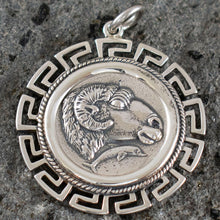 Load image into Gallery viewer, Ram&#39;s Head X-Large Silver Coin Pendant - Meander Design - Nobility - Fertility
