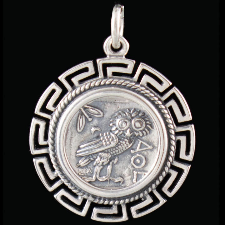 Owl Of Wisdom Coin Pendant with Meander Design - Athena