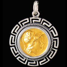 Load image into Gallery viewer, Helmetted Goddess Athena Silver Coin Pendant(Gold Plated) - Meander Design
