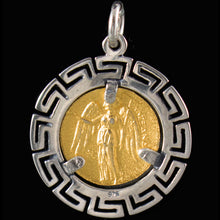 Load image into Gallery viewer, Helmetted Goddess Athena Silver Coin Pendant(Gold Plated) - Meander Design
