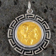 Load image into Gallery viewer, Helmetted Goddess Athena Silver Coin Pendant(Gold Plated) - Meander Design
