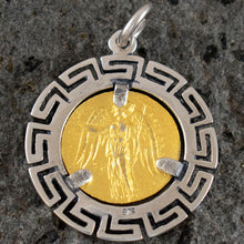 Load image into Gallery viewer, Helmetted Goddess Athena Silver Coin Pendant(Gold Plated) - Meander Design
