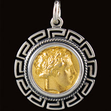 Load image into Gallery viewer, Apollo Silver Coin Pendant(Gold Plated) Meander - God of Light - Healing - Music
