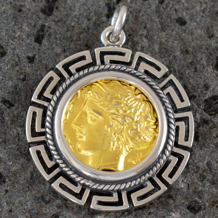 Artemis Silver Coin Pendant(Gold Plated) Meander - Syracuse Dekadrachm - Diana