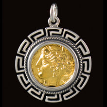 Load image into Gallery viewer, Artemis Silver Coin Pendant(Gold Plated) Meander - Syracuse Dekadrachm - Diana
