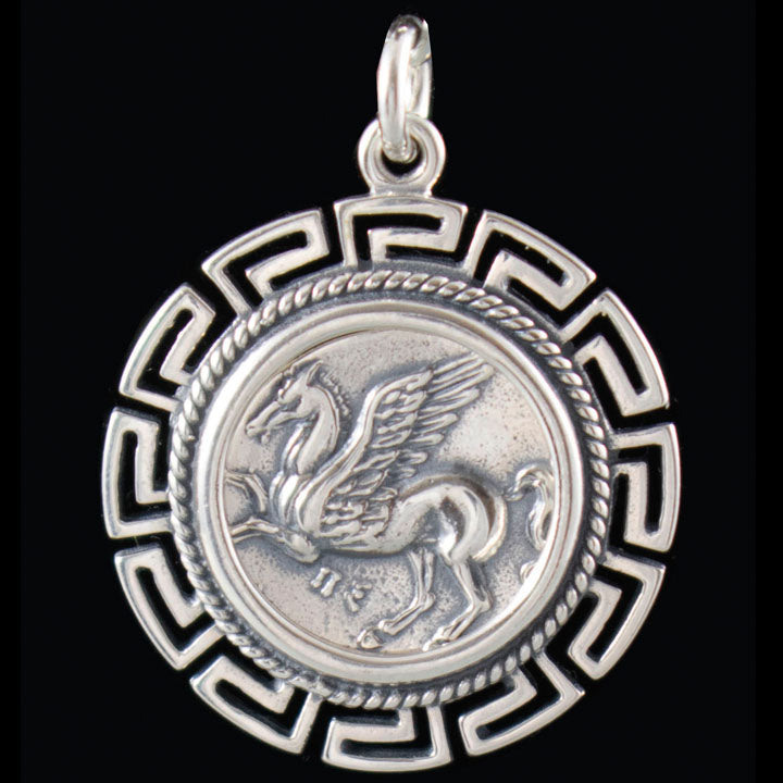 Mythical Horse Pegasus Coin Pendant With Meander - Goddess Athena - Corinth Stater