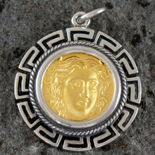 Load image into Gallery viewer, Helios Ancient Sun God Silver Pendant(Gold Plated) Meander - Rhodes Helius
