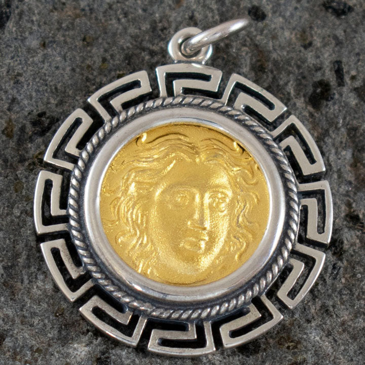 Helios Ancient Sun God Silver Pendant(Gold Plated) Meander - Rhodes Helius