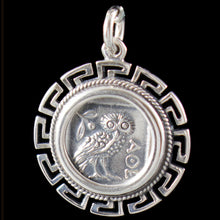 Load image into Gallery viewer, Owl Of Wisdom Coin Pendant with Meander Design
