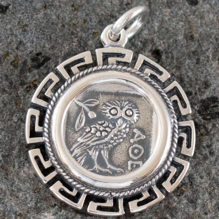 Owl Of Wisdom Coin Pendant with Meander Design