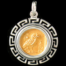 Load image into Gallery viewer, Owl Of Wisdom Coin Pendant with Meander Design - Gold Plated
