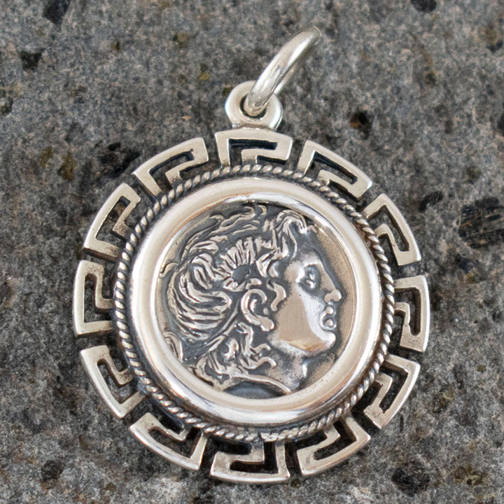 Alexander The Great - Lysimachos Silver Coin Pendant - Meander Design - Macedonia King