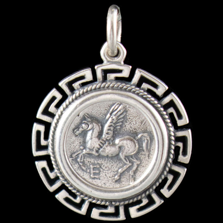 Mythical Horse Pegasus Coin Pendant With Meander Design - Goddess Artemis