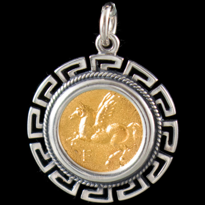 Mythical Horse Pegasus Coin Pendant Meander Design(Gold Plated) - Goddess Artemis