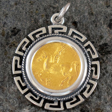 Load image into Gallery viewer, Mythical Horse Pegasus Coin Pendant Meander Design(Gold Plated) - Goddess Artemis
