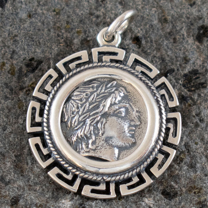 Apollo Silver Coin Pendant with Meander Design - Olympian God