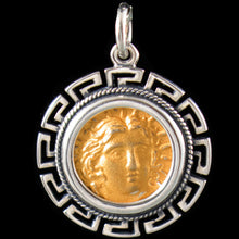 Load image into Gallery viewer, Helios Ancient Sun God Pendant with Meander Design (Gold Plated) - Rhodes Helius
