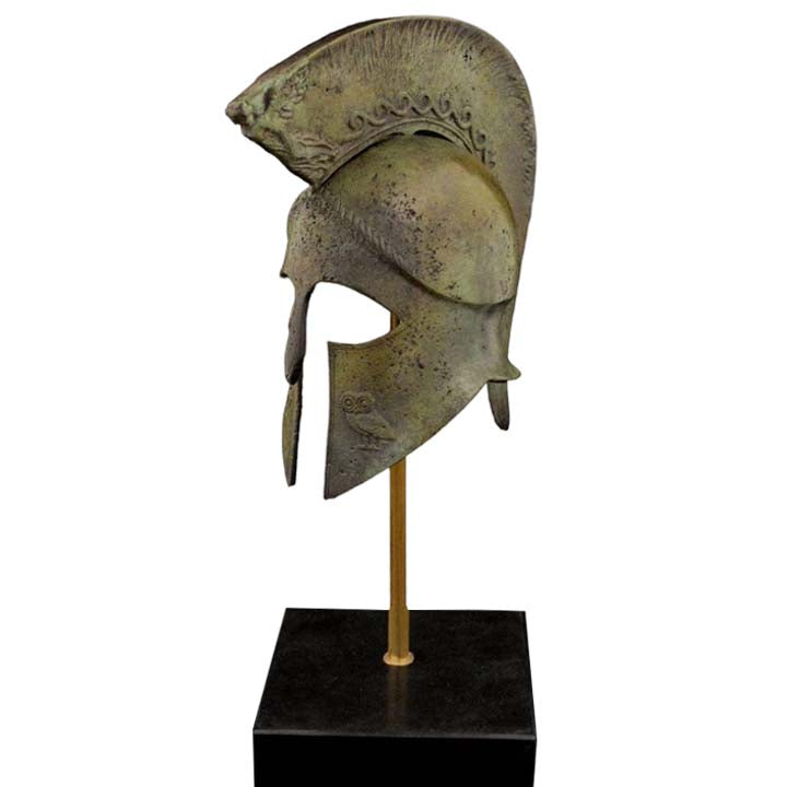 Bronze Helmet with Owl carvings and Goddess Nike at the crest on marble base