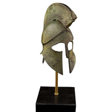 Load image into Gallery viewer, Bronze Helmet with Owl carvings and Goddess Nike at the crest on marble base
