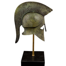 Load image into Gallery viewer, Bronze Helmet with Owl carvings and Goddess Nike at the crest on marble base
