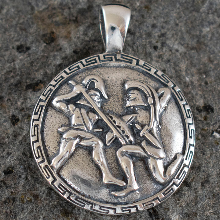 Spartans Warriors Fighting - Meander Design - Silver Pendant