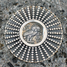 Load image into Gallery viewer, Owl of Wisdom &amp; Goddess Athena Silver Brooch Pendant - Athens Tetradrachm
