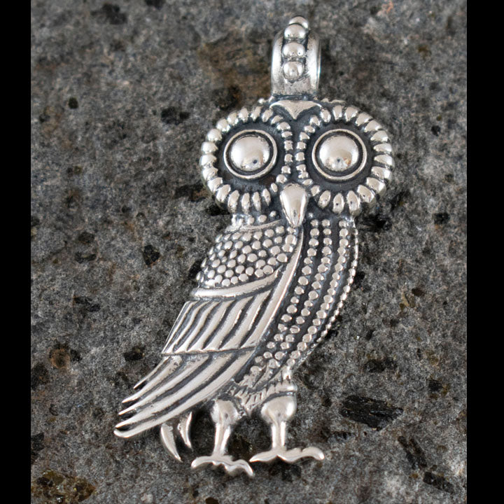 Owl Of Wisdom Large Silver Pendant - Goddess Athena Symbol