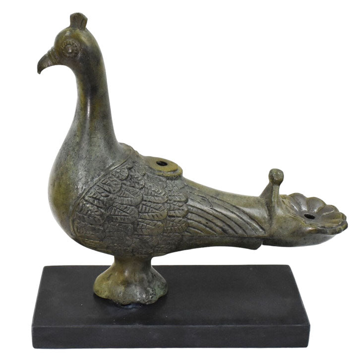 Bronze Oil Lamp with Pigeon on marble base - Ancient Greek Art