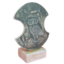 Load image into Gallery viewer, Owl of Wisdom miniature shield in casting stone - Warrior Goddess Athena symbol
