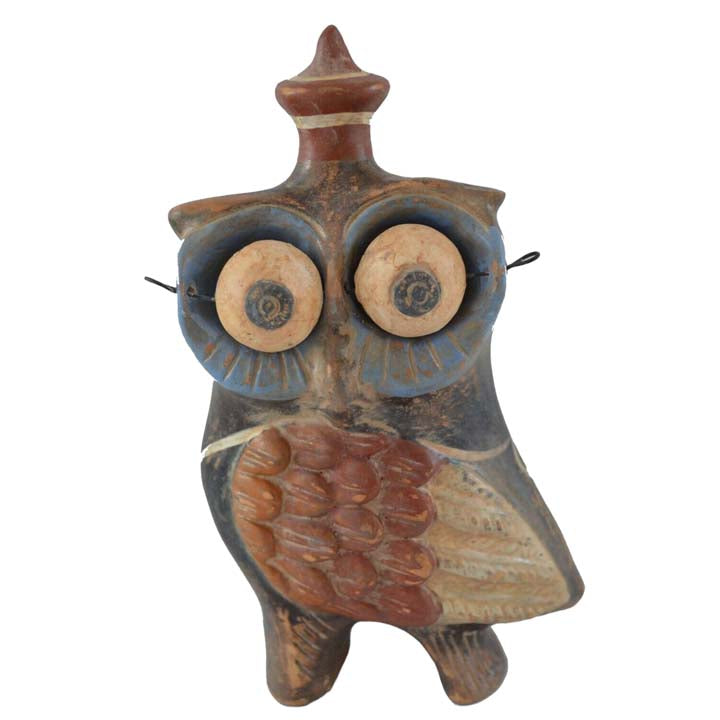 Owl of wisdom small clay statue with crazy eyes