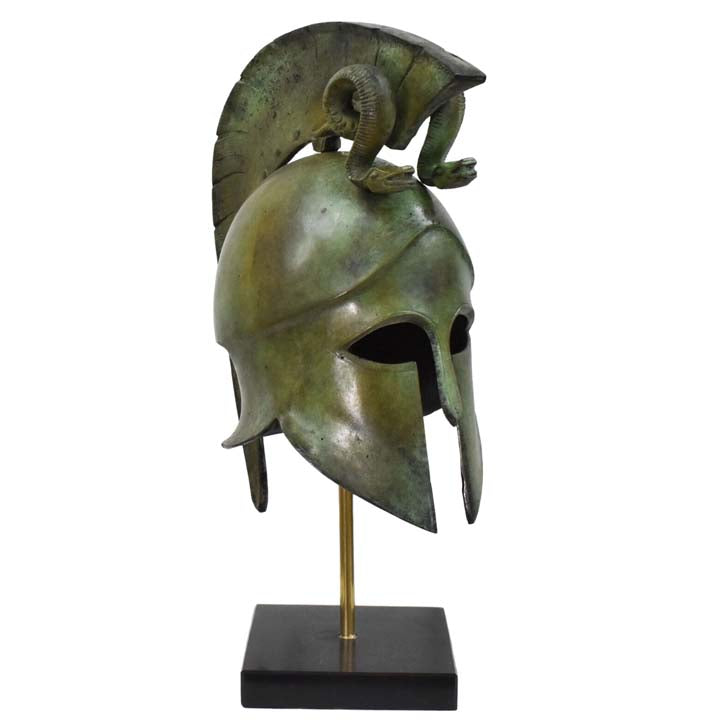 Corinthian bronze helmet with snakes on marble base - Hoplite soldier infantry