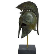 Load image into Gallery viewer, Corinthian bronze helmet with snake on marble base - Hoplite soldier infantry
