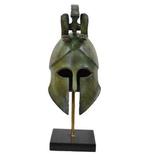 Load image into Gallery viewer, Corinthian bronze helmet with snakes on marble base - Hoplite soldier infantry
