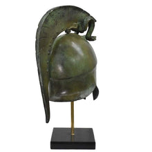 Load image into Gallery viewer, Corinthian bronze helmet with snakes on marble base - Hoplite soldier infantry
