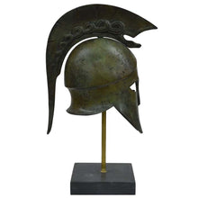 Load image into Gallery viewer, Corinthian bronze helmet with snake on marble base - Hoplite soldier infantry
