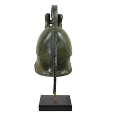 Load image into Gallery viewer, Corinthian bronze helmet with snakes on marble base - Hoplite soldier infantry
