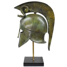 Load image into Gallery viewer, Corinthian bronze helmet with snakes on marble base - Hoplite soldier infantry
