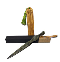 Load image into Gallery viewer, Olive wood pen - olive wood bookmark - envelope opener Achilles sword bronze aged dark green patina
