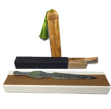 Load image into Gallery viewer, Olive wood pen - olive wood bookmark - envelope opener Achilles sword bronze aged dark green patina
