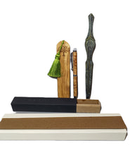 Load image into Gallery viewer, Olive wood pen - olive wood bookmark - envelope opener Achilles sword bronze aged dark green patina
