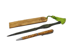 Load image into Gallery viewer, Olive wood pen - olive wood bookmark - envelope opener Achilles sword bronze aged dark green patina
