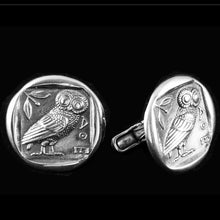 Load image into Gallery viewer, Owl of Athens the wise Cuff links - Sterling Silver - Goddess Athena symbol
